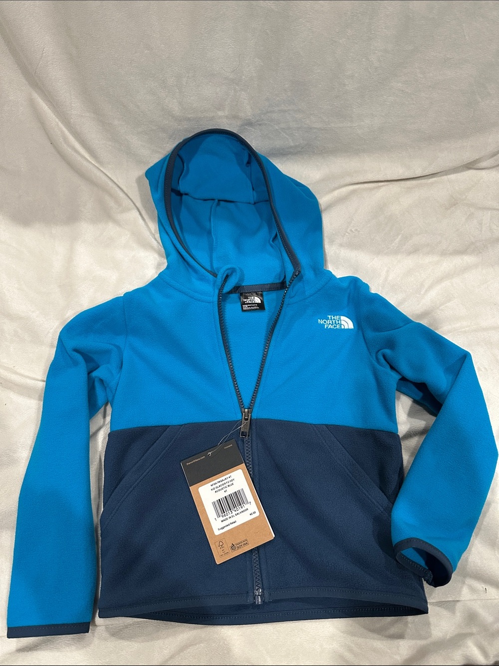 The North Face Kids Two-Tone Blue Hooded Fleece Jacket. 4T